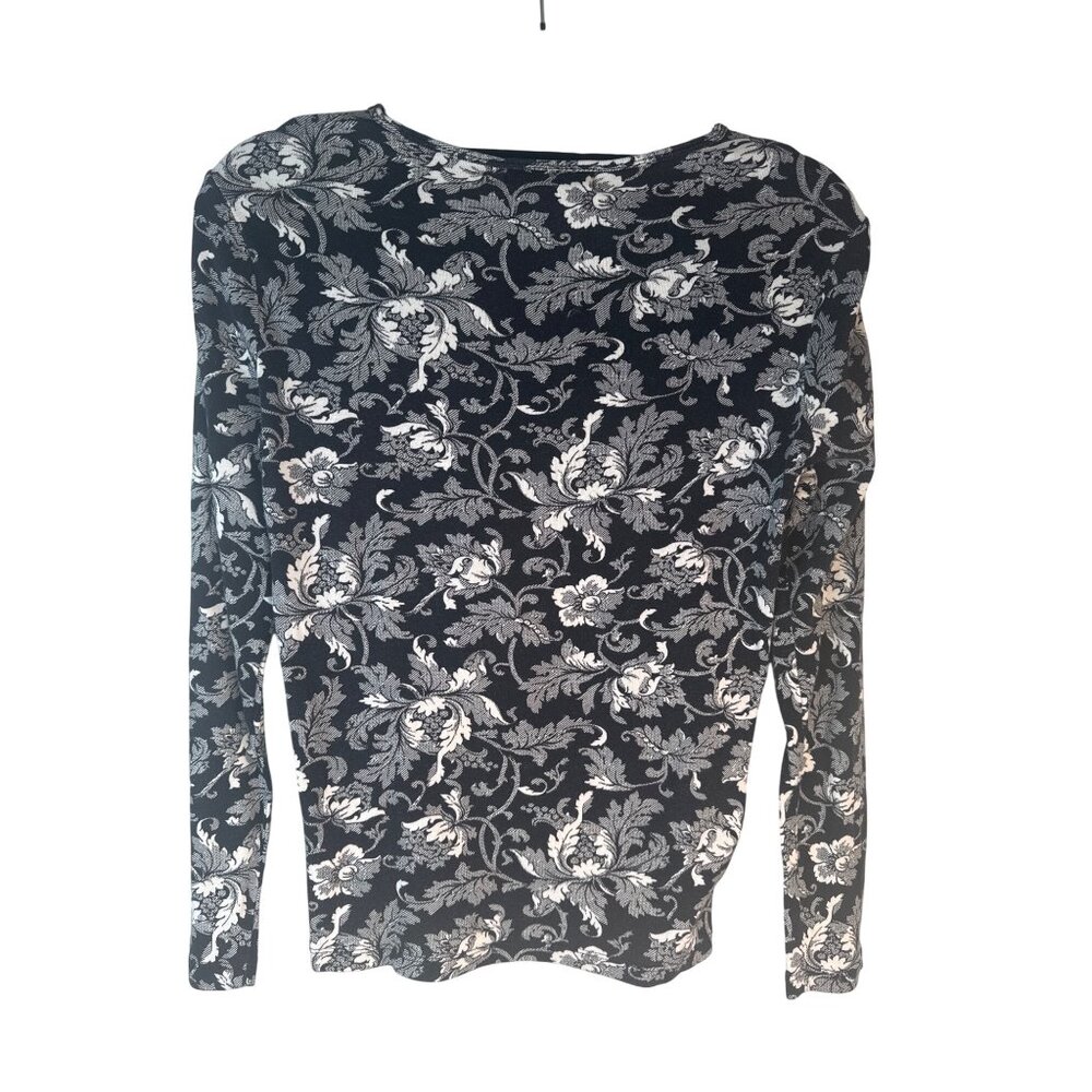 Lauren Ralph Lauren Medium Black & White Floral Long Sleeve Cotton Top - Picture 2 of 11